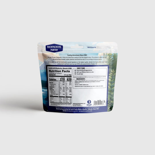 Backpacker's Pantry Granola with Blueberries, Almonds & Milk Back of Package