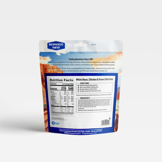 Backpacker's Pantry White Bean, Chicken, and Green Chile Stew Back of Package