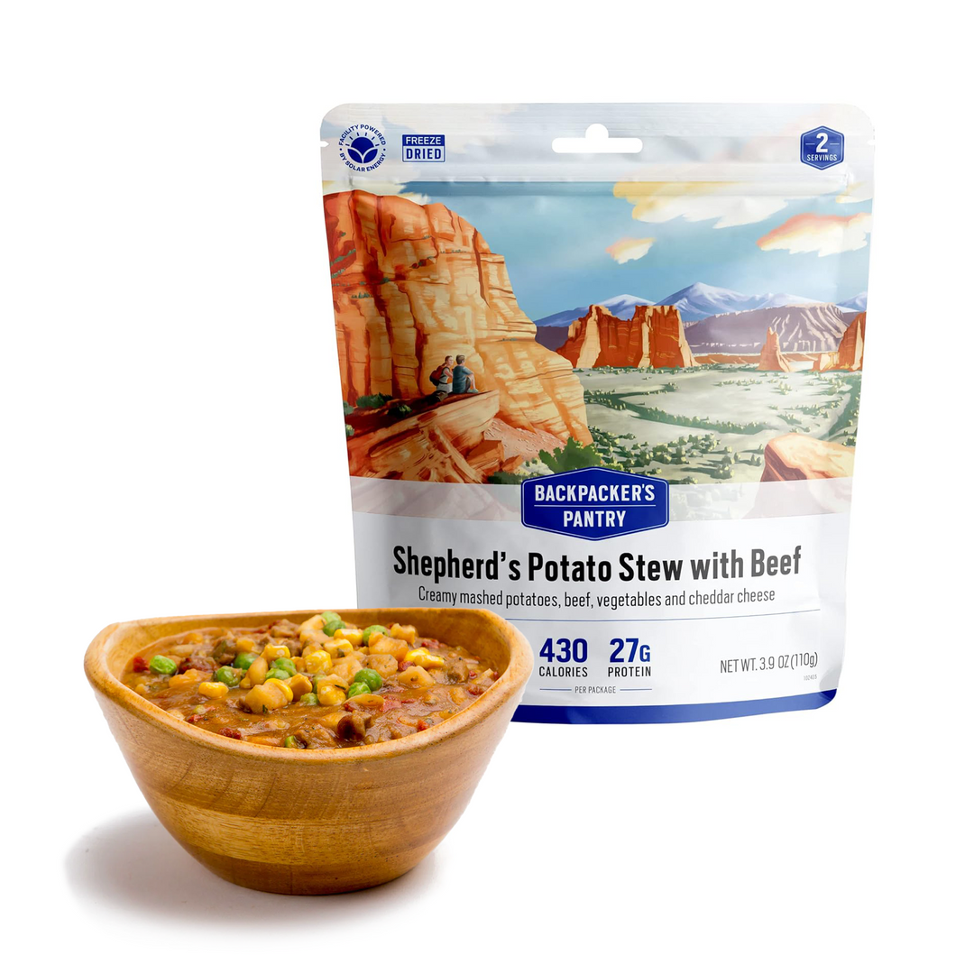 Shepherd's Potato Stew with Beef Backpacker's Pantry with meal prepared in a bowl in front of package