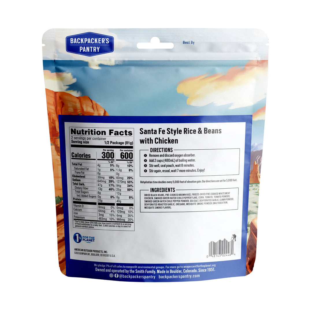 Backpacker's Pantry Santa Fe Style Rice and Beans with Chicken Back of Package