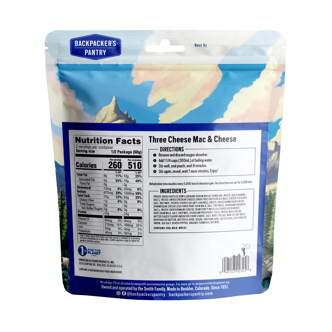 Backpacker's Pantry Three Cheese Mac & Cheese Back of Package