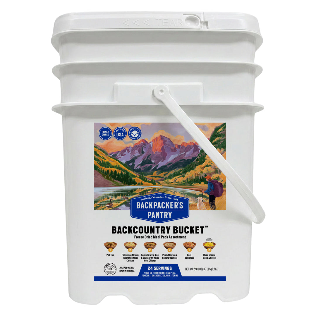 24 serving freeze dried survival meal bucket front of bucket