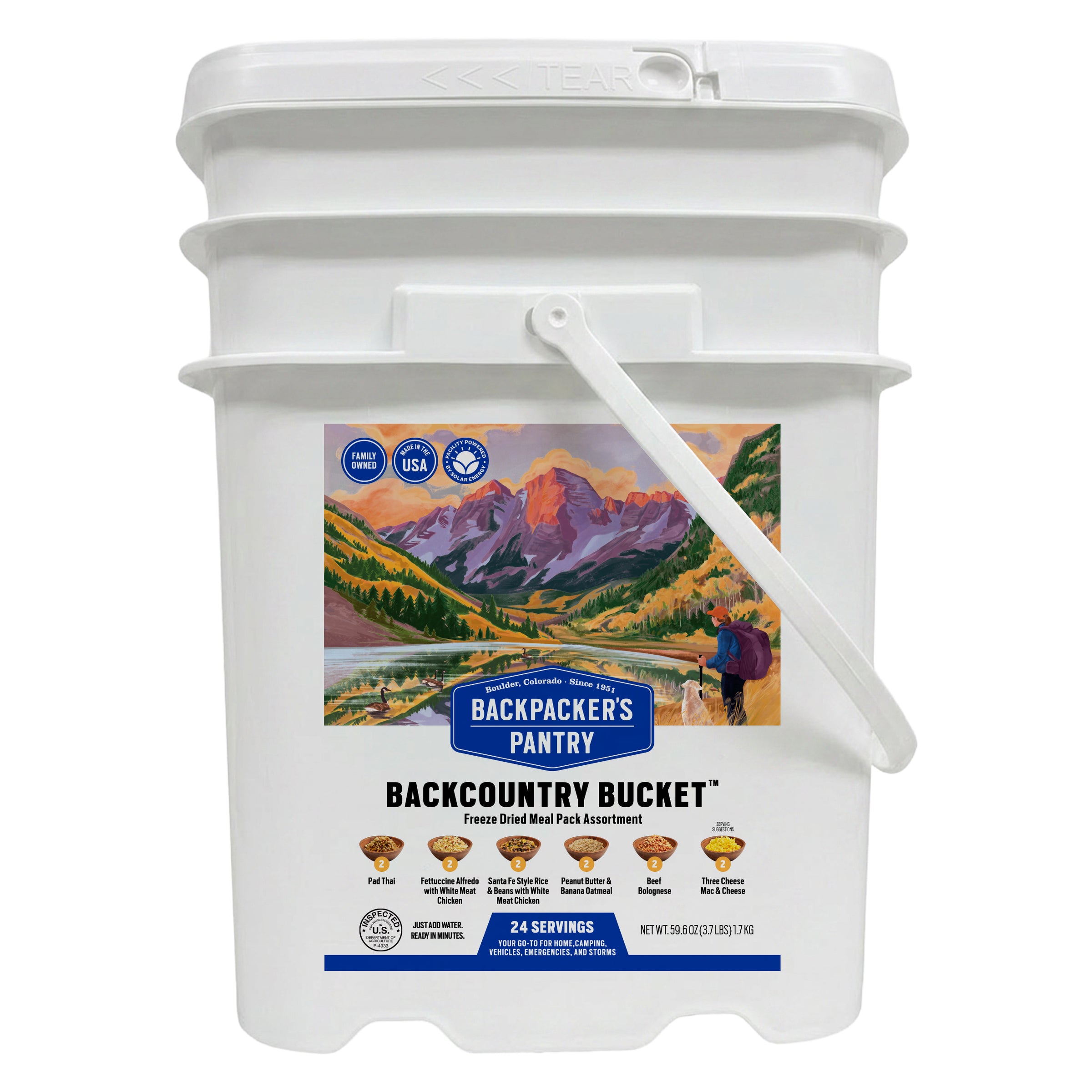 24 serving freeze dried survival meal bucket front of bucket