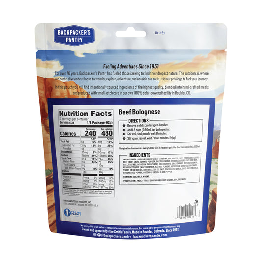 Backpacker's Pantry Beef Bolognese Back of Package
