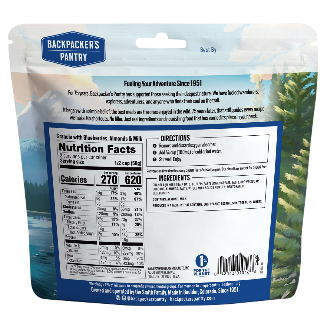Backpacker's Pantry Granola with Blueberries, Almonds & Milk Back of Package