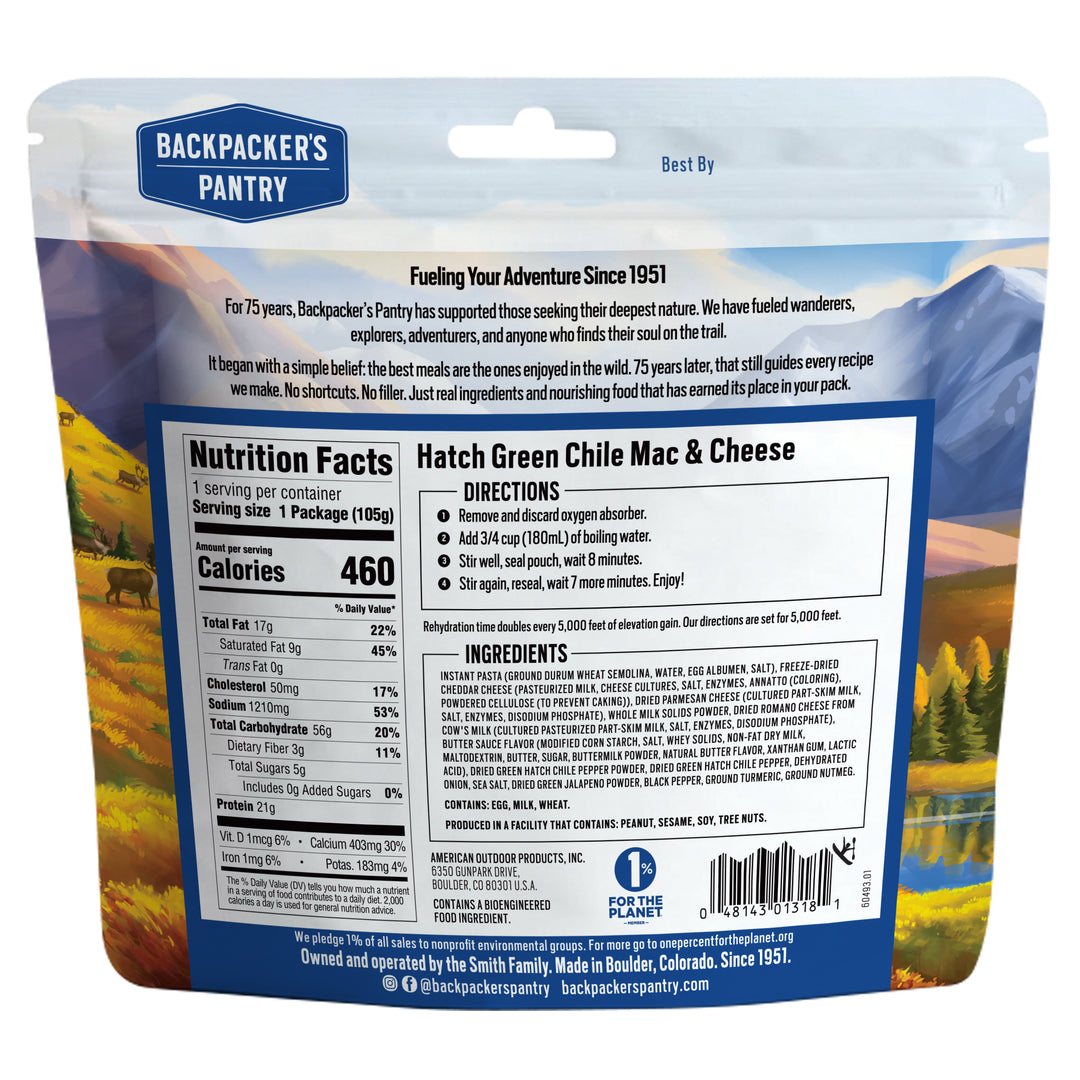 Backpacker's Pantry Hatch Green Chile Mac & Cheese Back of Package