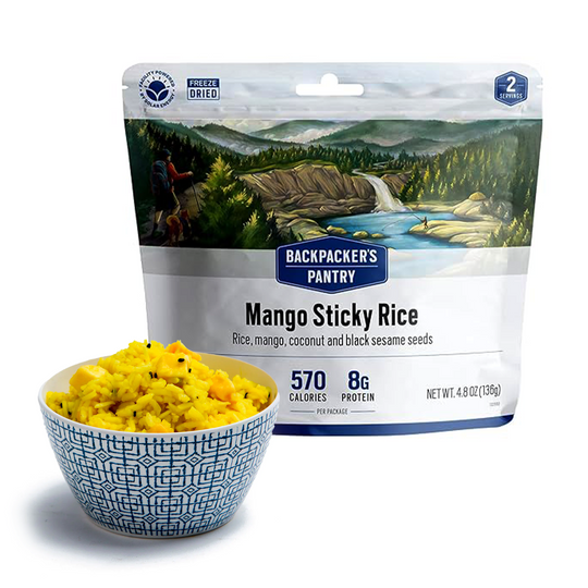 Mango Sticky Rice with meal prepared in a bowl in front of the package.