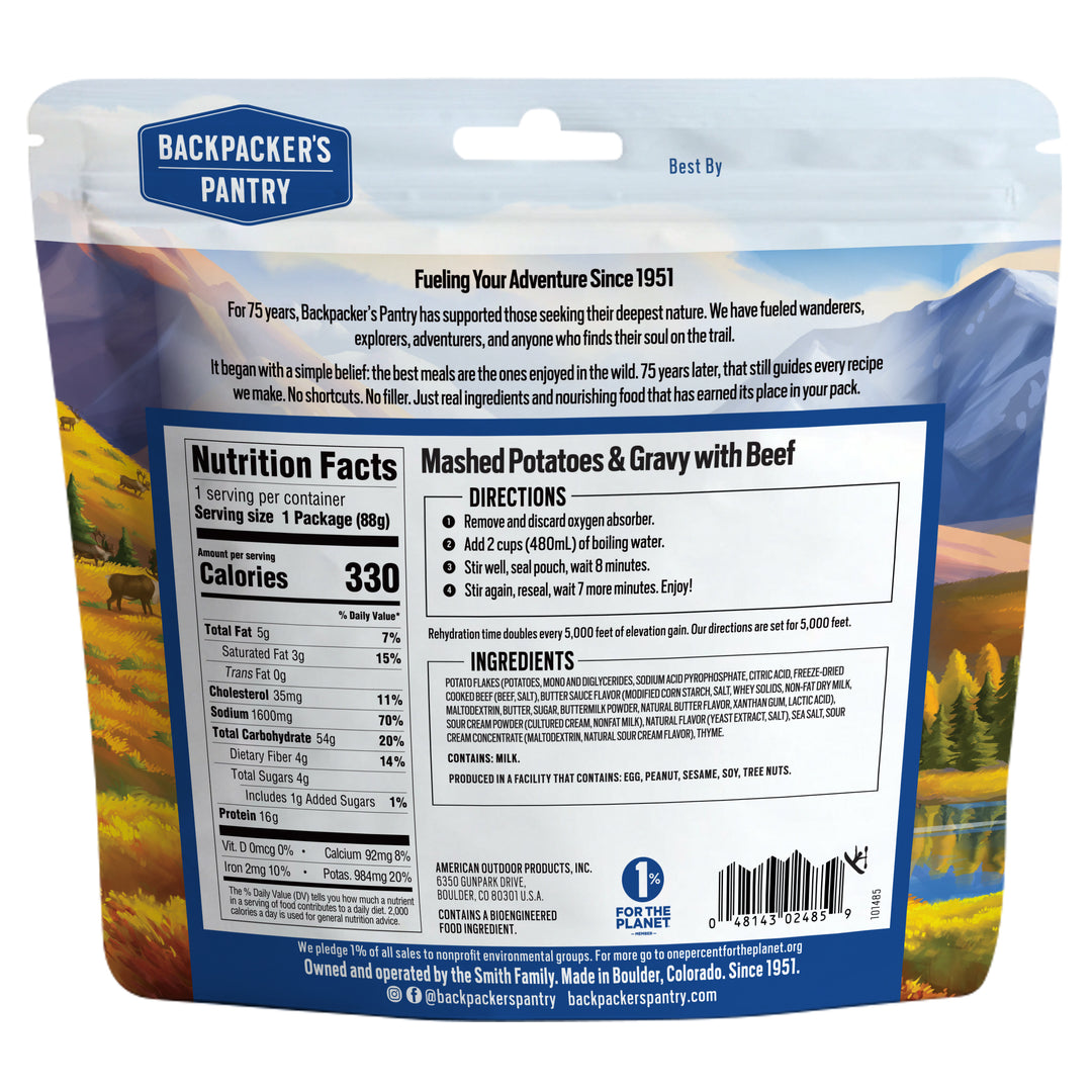 Backpacker's Pantry Mashed Potatoes & Gravy with Beef Back of Package