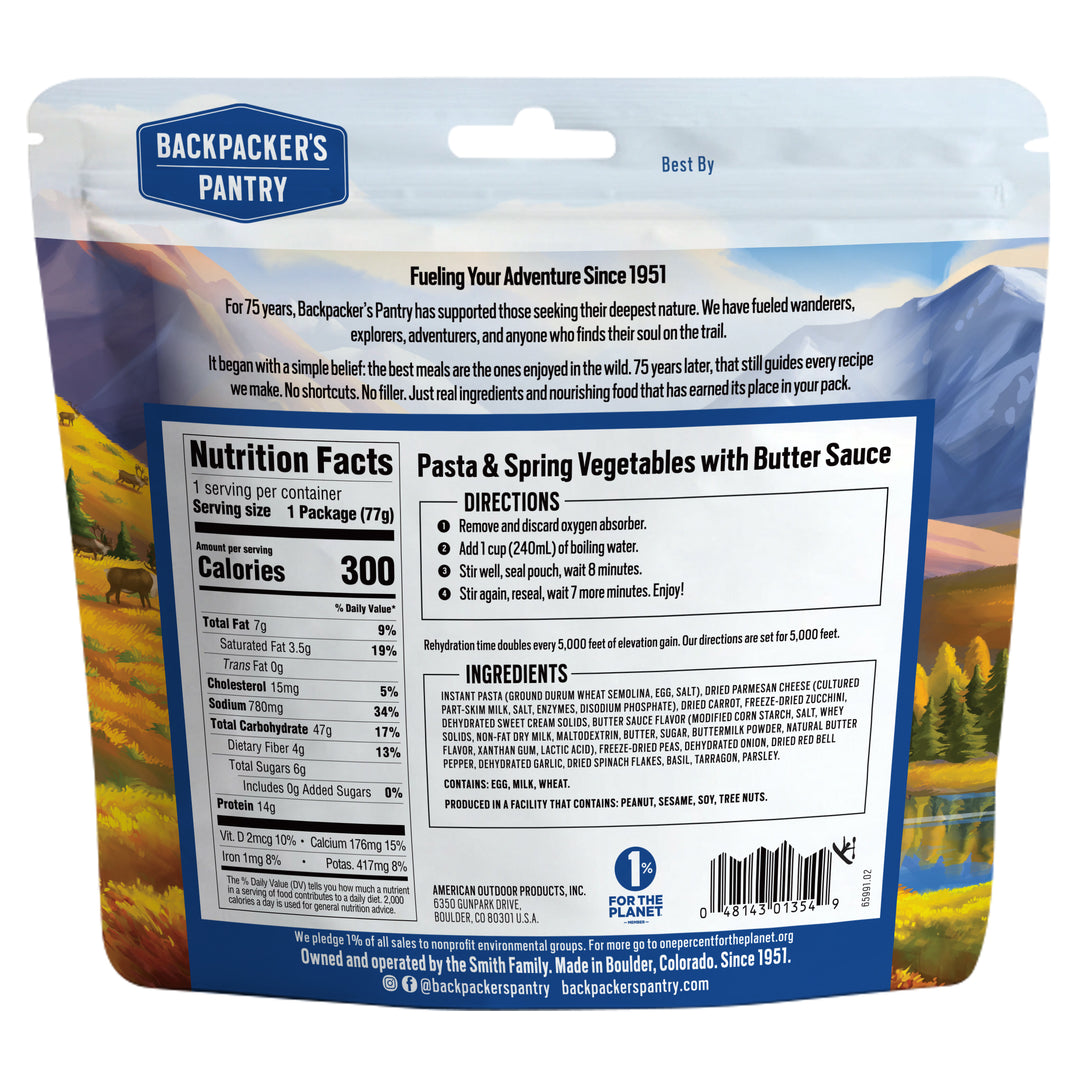 Backpacker's Pantry Pasta & Spring Vegetables with Butter Sauce Back of Package