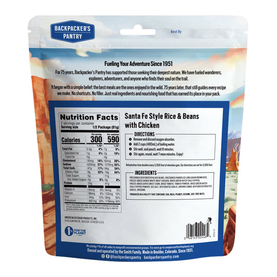 Backpacker's Pantry Santa Fe Style Rice and Beans with Chicken Back of Package