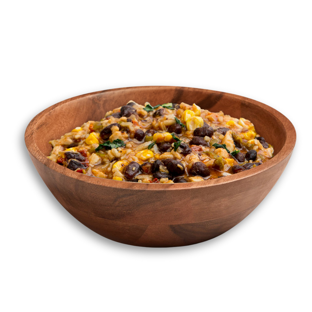A wooden bowl filled with Santa Fe Black Beans and Rice