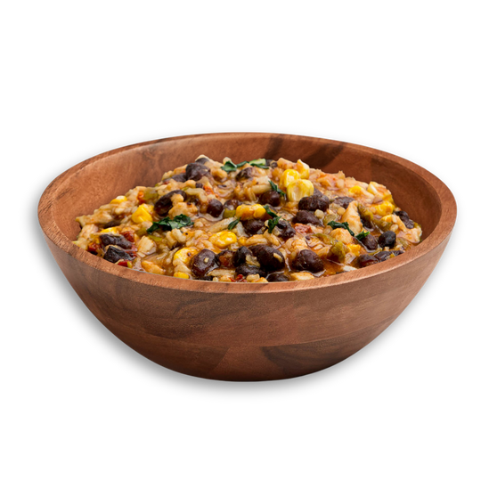 A wooden bowl filled with Santa Fe Black Beans and Rice