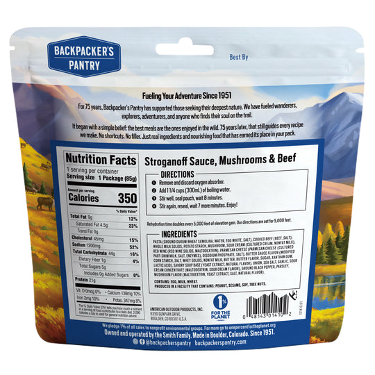 Backpacker's Pantry Stroganoff Sauce, Mushrooms, & Beef Back of Package